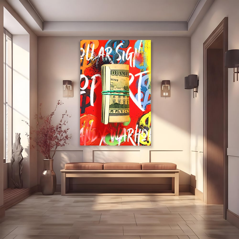 Tablou canvas cu tablou canvas cu teanc de dolari, fara rama, pe sasiu de lemn